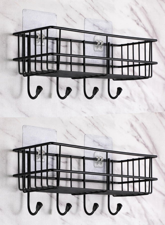 iSTAR GI Steel Self-Adhesive Multipurpose Bathroom Shelf with Hooks/Towel Holder/Rack/Bathroom Accessories-Wall Mount - (Black,Powder Coated) (Pack of 2) - Image 1